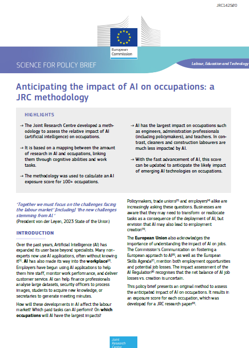 Anticipating the impact of AI on occupations: a JRC methodology